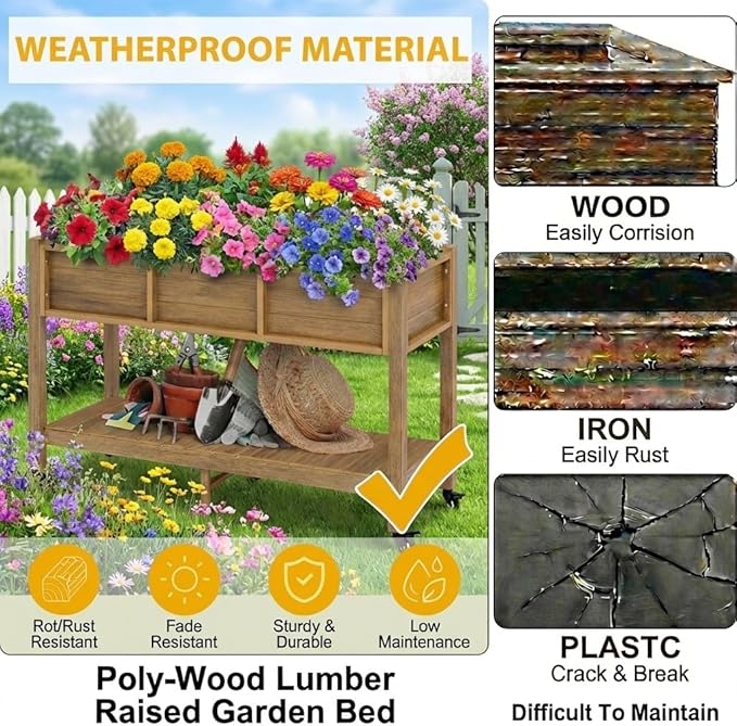 DWVO 47x18x31in Raised Garden Bed Outdoor HDPE with Legs and Lockable Wheels, Weather-Resistant Poly-Wood Elevated Planter Box, Double Tier Planters for Backyard Patio Balcony, Brown