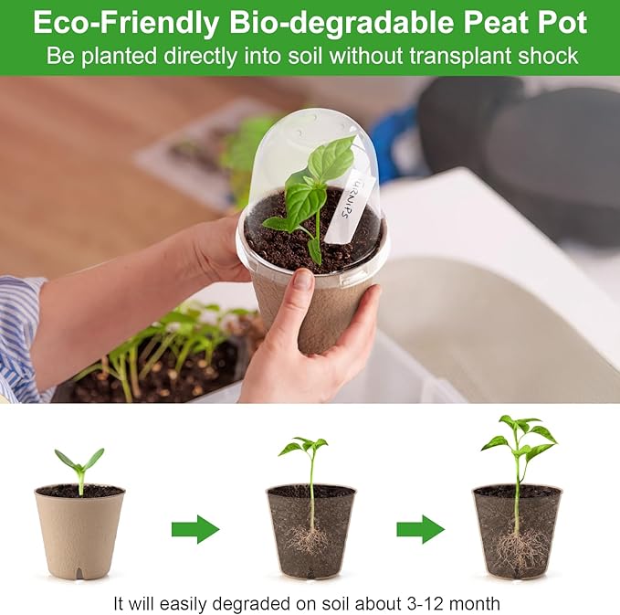 50 Set 3.15 Inch Peat Pots Plant Starters for Seedling with Humidity Dome,Herb Seed Starter Pots Kits, Garden Germination Nursery Pot wit 50 Plant Labels, 2 Transplant Tools.