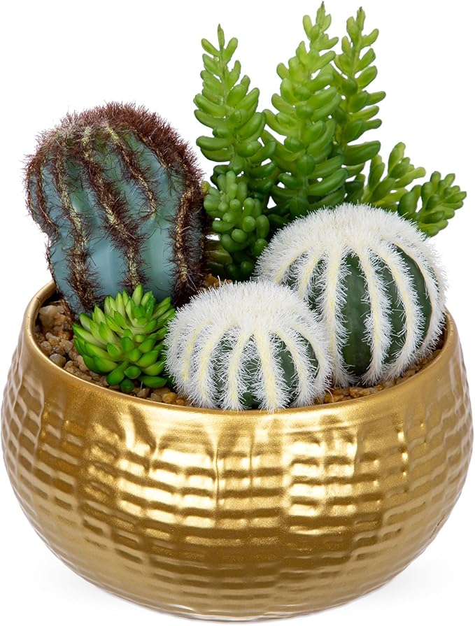 Artificial Cactus Plants Indoor, 7" Assorted Small Faux Succulent in Pots Fake Potted Desk Plant with Gold Bowl Mini Succulents Artificial Cactus Decor for Home Office Bathroom Table Shelf