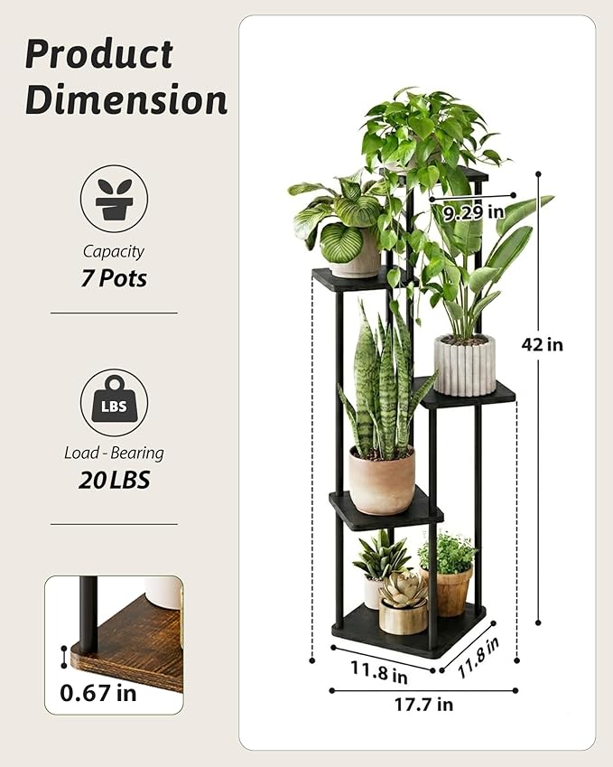 GENTINGBRO Tall Plant Stand Indoor 5 Tiered Plant Shelf for Multiple Plants Coner Shelf Stand Wood Plant Stand Metal Shelving for Living Room Bedroom Balcony Patio Black