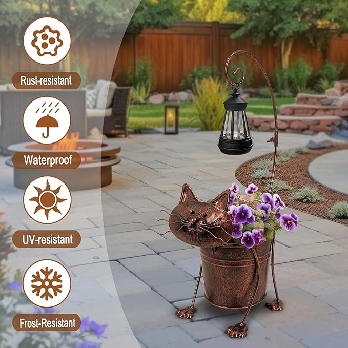 Solar Lights Outdoor with Planter Pot,Metal Cat Solar Lamp Post with Planter Base Outdoor Decorative for Yard,Porch,Patio,Floor Light with Garden Pots