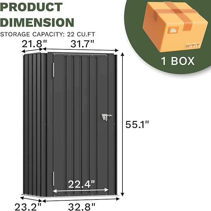Patiowell 22 Cuft Outdoor Storage Shed with Adjustable Shelves, Metal Vertical Storage Cabinet with Lockable Door, Outdoor Waterproof Tool Garden Shed for Backyard Lawn Patio, Black