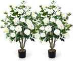 Artificial Camellia Tree 2 Pack 42" Faux Camellia Plant in Pot with 32 Blooming Flowers Fake Flower Tree Greenery Potted Plant for Indoor Outdoor Office Home Porch Decor White