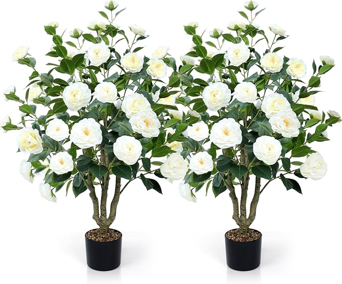 Artificial Camellia Tree 2 Pack 42" Faux Camellia Plant in Pot with 32 Blooming Flowers Fake Flower Tree Greenery Potted Plant for Indoor Outdoor Office Home Porch Decor White