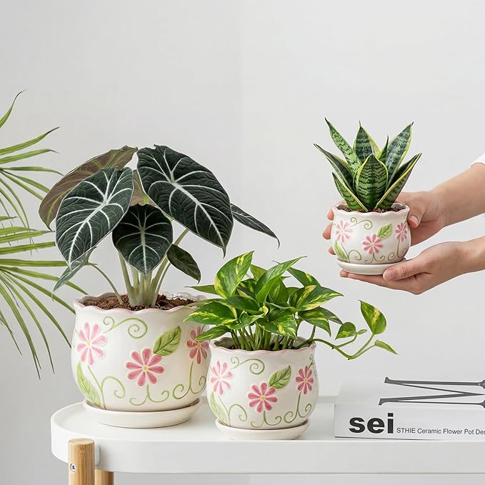 Pink Ceramic Flower Pots, 4"+5.2"+6.6" Inch Small Flower Pots for Indoor Plant with Drainage Hole,Modern Decorative Plant Pots Set of 3, Indoor Planters with Saucer