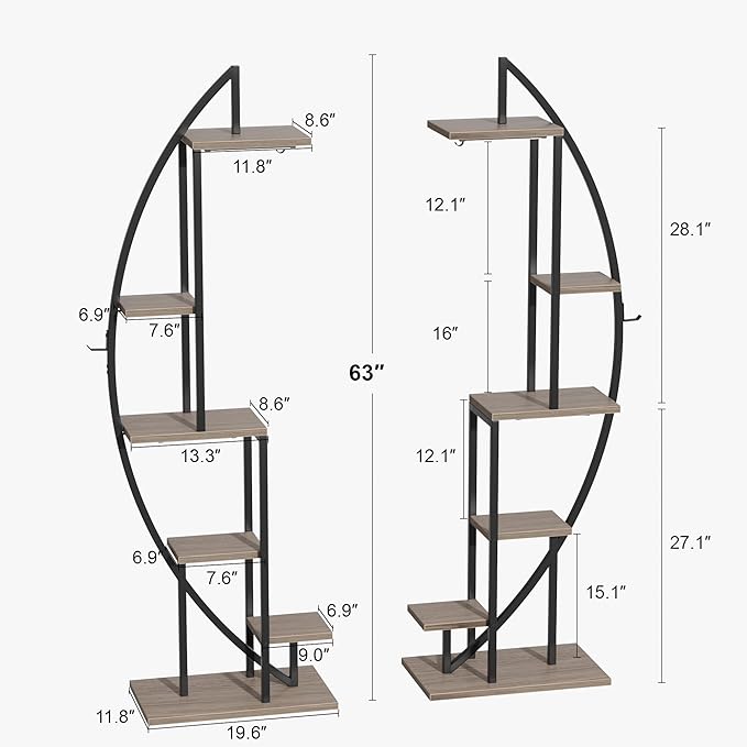 BACEKOLL Plant Stand Indoor with Grow Lights, 6 Tiered Tall Plant Shelf, 63" Metal Plant Stand for Indoor Plants Multiple, Half-Moon Plant Rack Display Shelf, 2 Pcs Plant Holder for Living Room, Grey