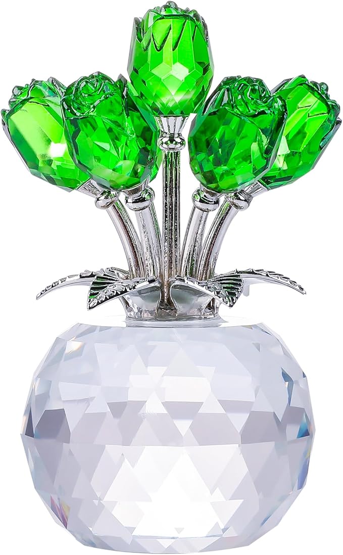 YWHL Handmade Crystal Green Rose Flower Figurine with Round Vase, Bouquet Rose Flowers Gifts for Wife Mom on Anniversary Birthday Christmas, Glass Rose Flower for Sister Friends, Wedding Home Decorati