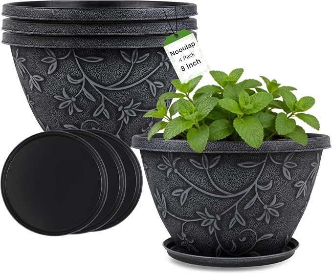 4 Pack 8 Inch Flower Pots for Outdoor Indoor, Plastic Plant Pots with Drainage Hole & Saucer, Lightweight Small Resin Flower Pot, Imitation Magnolia Pots for Garden House planters（Gray）