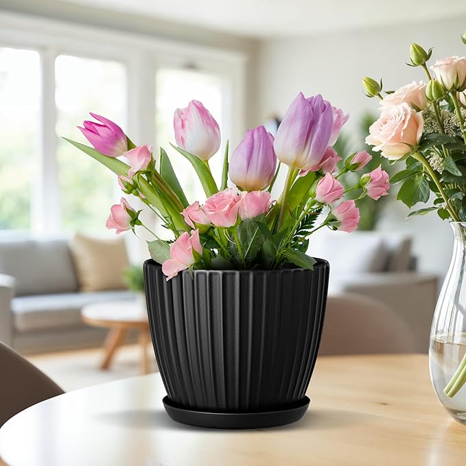 Black 6-Inch Plant Pots with Drainage & Saucers 24 Pack, Indoor & Outdoor Planters for Houseplants, Herbs, and Flowers, Durable & Weatherproof Material, Stackable, Lightweight, Minimalist Design
