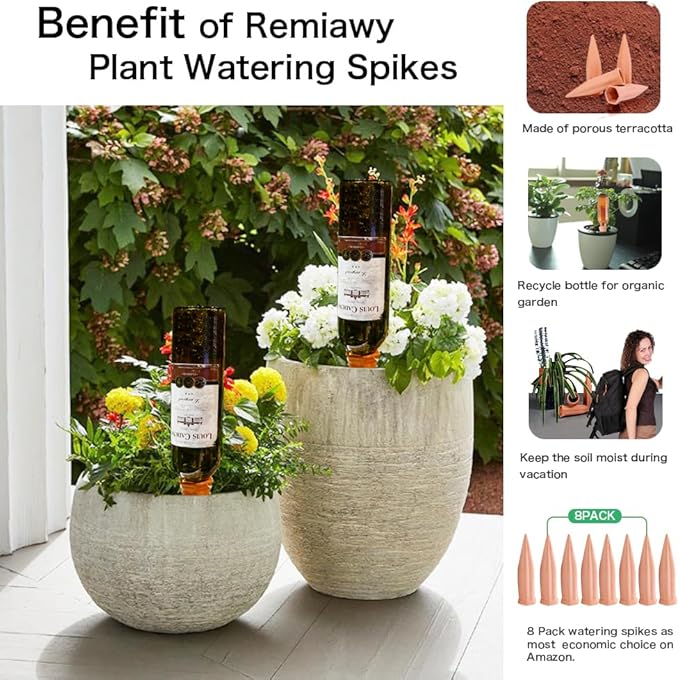 Plant Watering Stakes 8 Pack Automatic Plant Waterers for Vacations, Plant Watering Devices Terracotta Self Spikes for Wine Bottles Great Pikes for Indoor & Outdoor