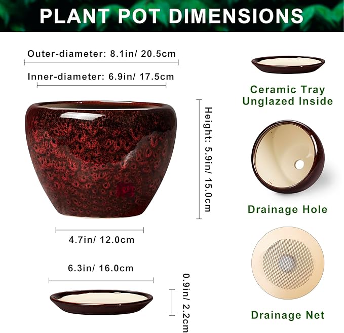 8 Inch Planter - Ceramic Plant Pots with Drainage Hole and Saucer, Decorative Plant Pots for Indoor Plants Outdoor, Round Planter, Modern Office Decor, Gifts for Gardeners, Red Leopard
