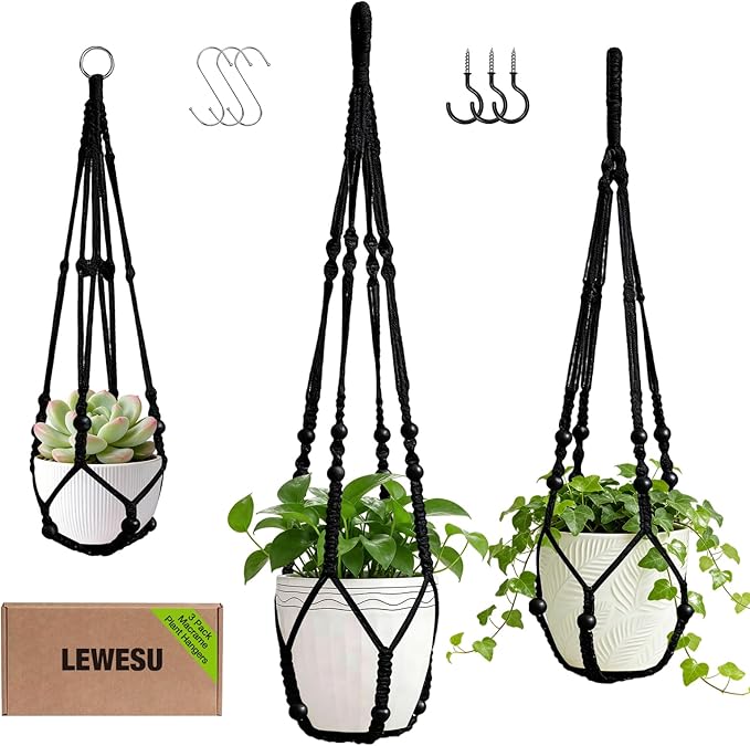 LEWESU 3 Pack Macrame Plant Hanger Indoor 3 Different Sizes Hanging Planter Basket Flower Pot Holder with Wood Beads & No Tassels for Boho Home Decor, 23, 30, 35 Inch, Black (Pot Not Included)