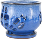 W&W Orchid Pot with Holes and Saucer for Repotting and Better Grow, White and Blue, 6.5"