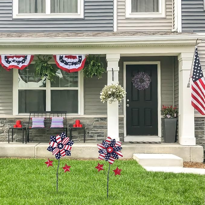 YEAHOME 4th of July Decorations Outdoor, 22.4" Set of 2 Red White Blue Metal Flowers Decorative Garden Stakes for Memorial Day Decorations, Yard Signs Patriotic Decorations for Garden Lawn Porch