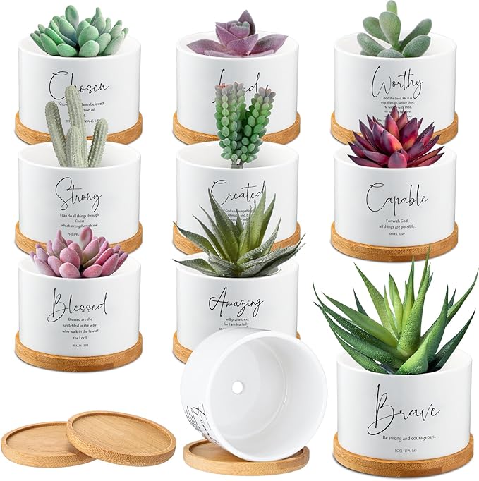 Sieral 10pcs Mothers Day Christian Gift Bible Verse Succulent Pots 3 x 3 x 2 Inch Mini Ceramic Succulent Planters with Bamboo Tray Small Plant Pots Gift for Church Women, Plants Not Included (Fresh)