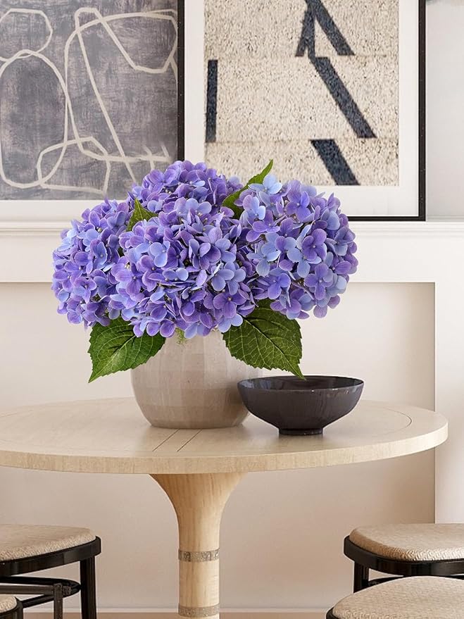ZYTUYO 4 Pcs Bright Purple Real Touch Hydrangea Artificial Flowers Boho Lifelike Real Looking Latex Hydrangeas Flower with 20'' Long Stem for Indoor Xmas Home Decor Christmas Table Centrepiece