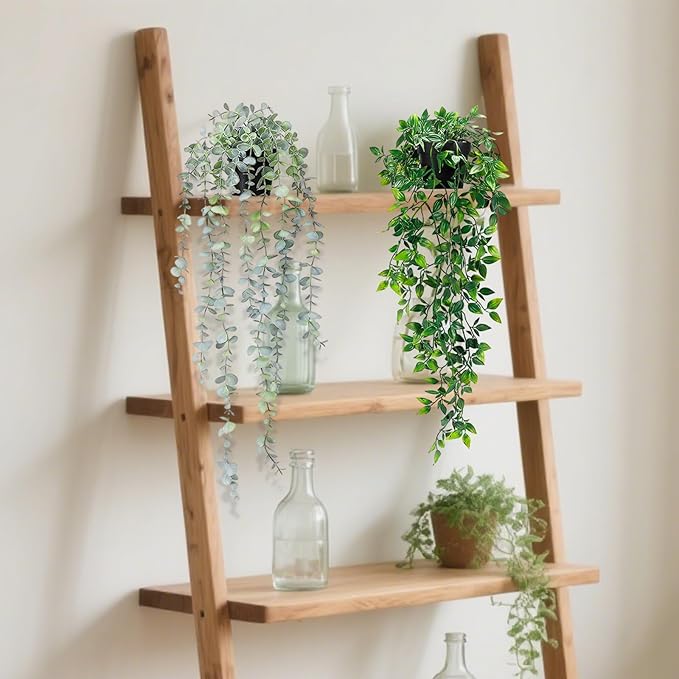Clearain 2Pcs Fake Plants Hanging Artificial Decorations, Faux Potted Eucalyptus and Pea Pod Plants for Bathroom Home Office Desk Wall Shelf Bookcase Accessories Decor Indoor