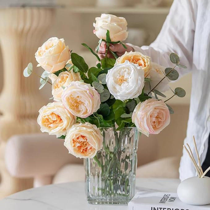 DUYONE Fake Flowers for Decoration Home Decor Artificial Flowers Austin Rose Peony Latex Fake Flower Living Room Decoration Vivid Pink Roses Peonies (Champagne 4pcs)