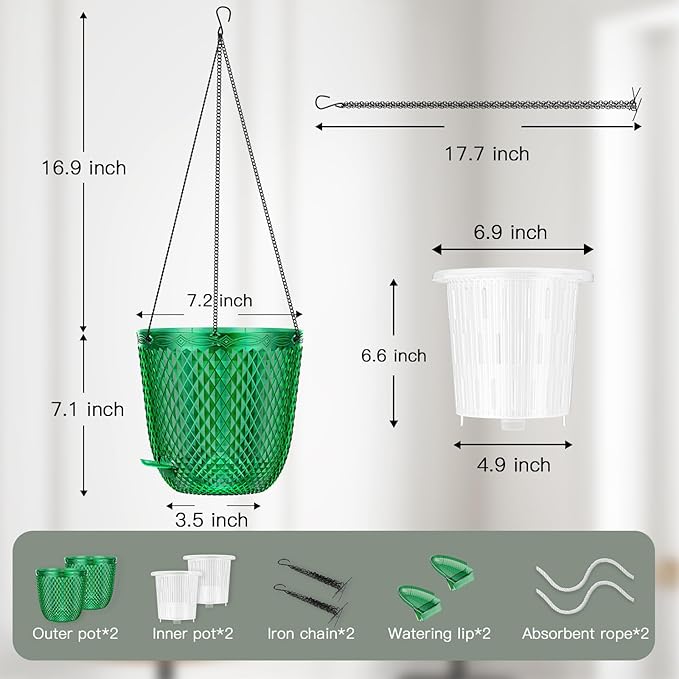 QCQHDU Self Watering Hanging Pots, 2 Pack 7.2 Inch Hanging Planters for Plants Indoor, Flower Pots with Drainage Holes and 3 Hooks Chains for Garden Home (Emerald)