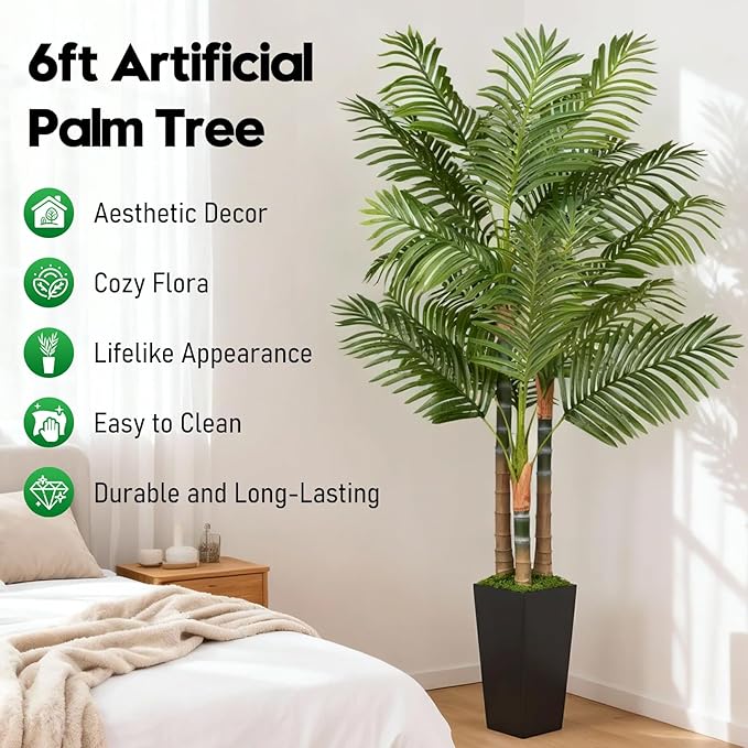 6ft Artificial Palm Tree Indoor Plant，Triple Faux Tropical Areca Floor Plant in Pot，Artificial Plants with Lifelike Leaves for Home Office Decor