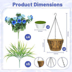 2 Pack Artificial Flowers Hanging Baskets for Outdoors, 10 PCS UV Resistant Faux Outdoor Plants, Fake Petunias Silk Flowers for Garden Balcony Yard Porch Decor (White Blue)