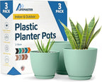 Mint Plant Pots with Drainage Holes & Saucers 3 Pack, Indoor & Outdoor Stackable Space-Saving Planters for Houseplants & Flowers, (7", 6.7", and 6" Inches), Durable & Weatherproof Materials