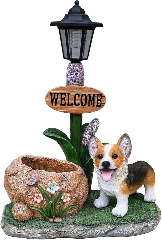 Animal Outdoor Statue Planter Solar Light Welcome Garden Sculpture Resin Flower Pot Decorative Porch Patio Yard Lawn Entryway Figurine with LED Lamp Rustic Plant Holder Ornament Courtyard (N)