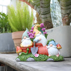 Garden Gnome Statue, Gnomes Figurine on Flower Pot with Floret and Mushrooms, Waterproof Resin Outdoor Decor for Patio Lawn Yard Home Tabletop Decoration