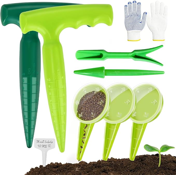 17Pcs Seed Planter Tool with 5-Hole Seed Dispenser & 6.9" Dibber & Succulent Tools Set, Plastic Planting Tools for Sowing, Bulbs, Seedlings-Includes Planting Labels