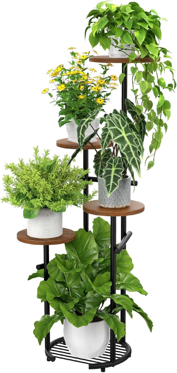 TOSKING 5 Tier Thickened Metal Plant Stand Indoor,Plant Shelf, Corner Shelf, Flower Pot Stand for Multiple Plants, Indoor Plants Tiered Stand for Living Room Balcony Garden Patio Bedroom (Black and Brown, 42in)