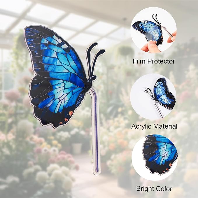 Flower Pot Decoration, 2Pcs Acrylic 2D Butterfly Plant Pot Hugger, 4.6 Inch Stained Butterfly Garden Stake Ornament Insert Decor for Indoor Patio