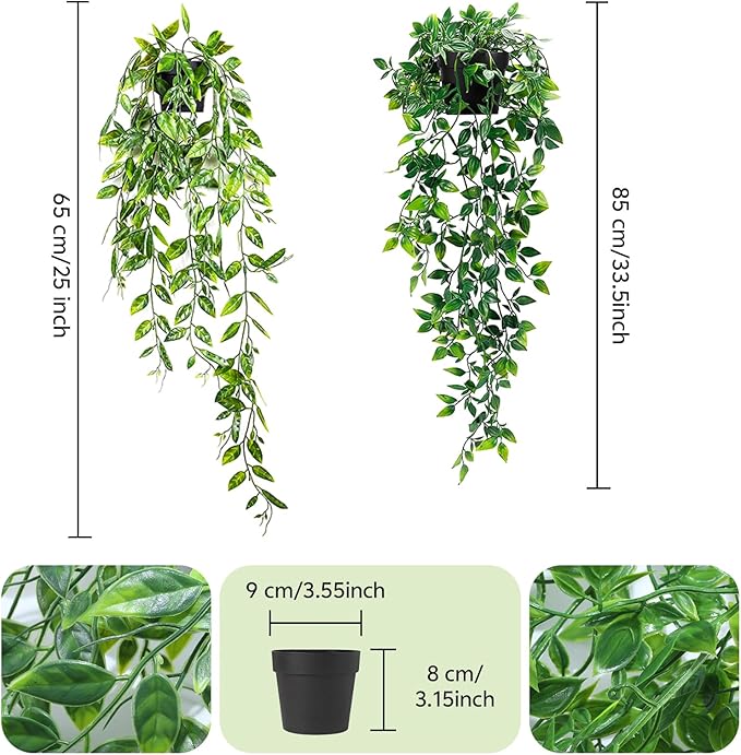 Artificial Hanging Plants, 2pcs Faux plants indoors in pots, Greenery Fake Plants Decorations, Small Artificial Plants in Pots, Fake Potted Mini Plants for Wall Home Room Office Bathroom Decor