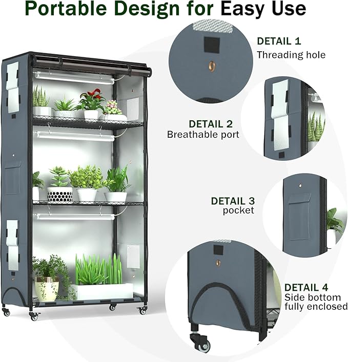 Indoor Orchid Greenhouse with Grow Lights, 4-Tier Plant Stand with 3 Full Spectrum T8 Grow Lights, Timer, Thermometer, Ventilation & Wheels, Smoked PVC Cover for Orchid Care and Indoor Gardening