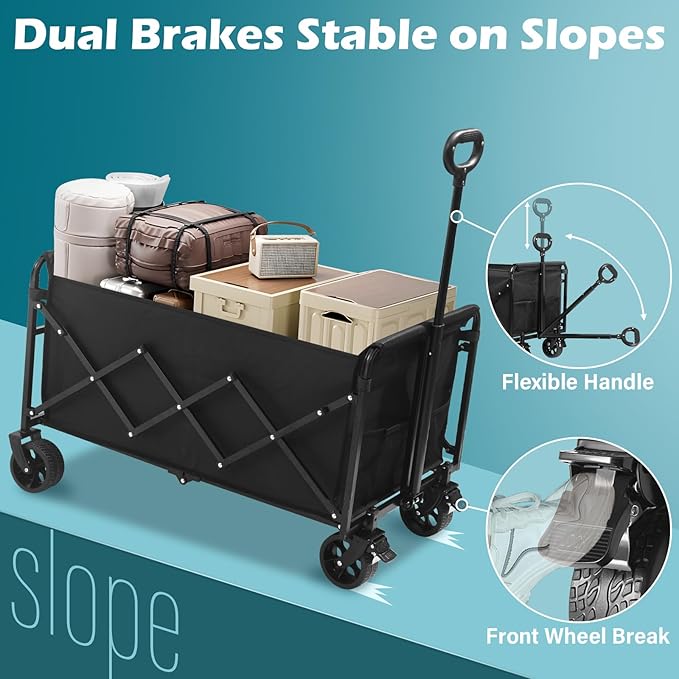 Collapsible Wagon Cart with Wheels Foldable: 500LBS Heavy Duty Folding Utility Wagon - Portable All Terrain Grocery Wagon Cart for Groceries Shopping Outdoor Camping Sports (Black-500Lbs)