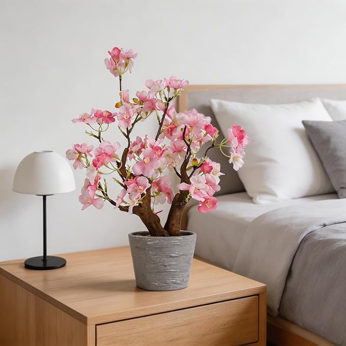 TOARTi Artificial Pink Cherry Blossom Potted Plant with Pot, 9.8" Tall Fake Flowers Faux Plant Desk Decor, Realistic Decorative Plants Indoor Decor for for Home Bedroom Bathroom Office Desk