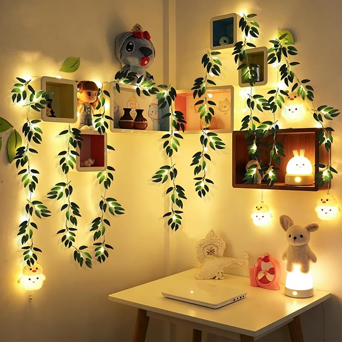 RECUTMS Willow Leaves String Lights 2Packs 20LEDs Artificial Leaf Rattan Light Hanging Vine Battery Operated Fairy Warm Light Ivy Greenery for Home Wedding Party Wall Indoor Outdoor Decor