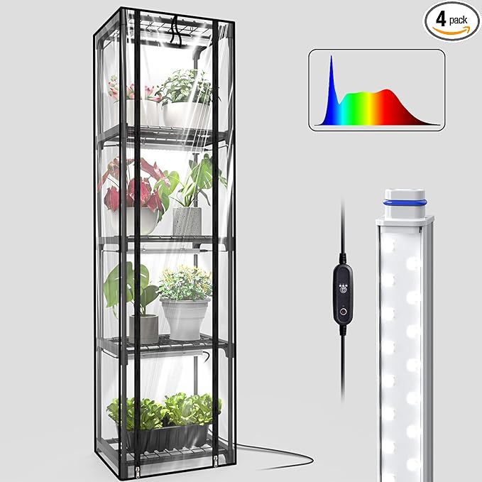 Indoor Greenhouse with Grow Light, Mini Greenhouse with 4 Pack 36W Grow Lights for Indoor Plant, Seed Start, Seedling, Seed Trays, 11.8" W x 15.7" L x 59" H