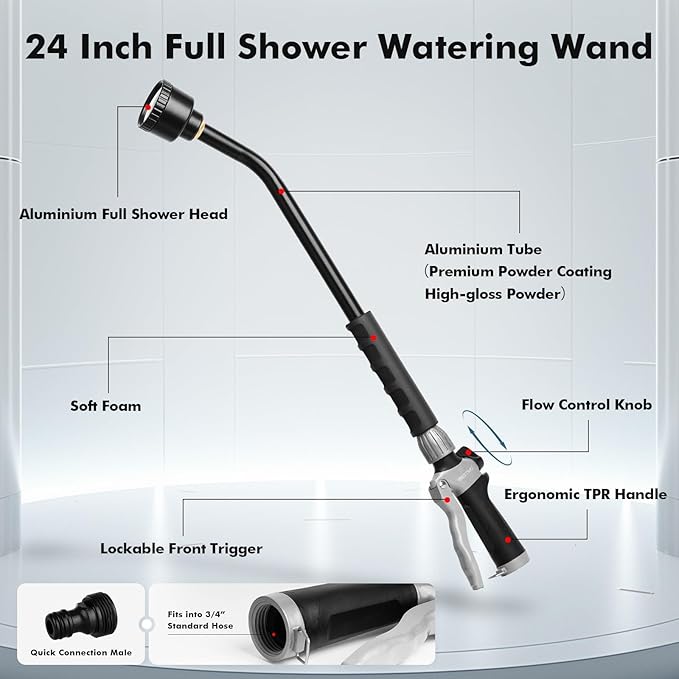 RESTMO Heavy Duty Full Metal Long Watering Wand, 24 Inches Gentle Soft Full Shower Sprayer Wand with Flow Control, Hose Wand for Hanging Baskets, Shrubs, Plants, Flowers, Garden and Lawn, Flash Black