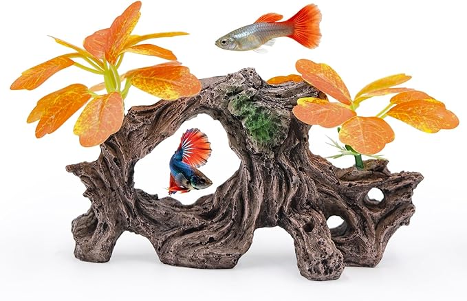 Fish Tank Decoration Aquarium Ornament with Silk Leaf Plants and Artificial Driftwood Cave Hideout Safe for Betta Fish