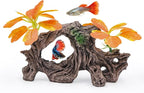 Fish Tank Decoration Aquarium Ornament with Silk Leaf Plants and Artificial Driftwood Cave Hideout Safe for Betta Fish