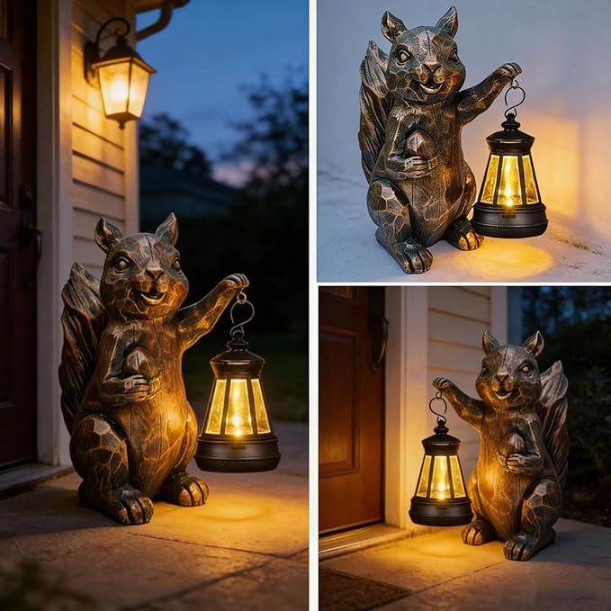 Garden Statues Squirrel Solar Figurine Decor Outdoor Waterproof Lights , Yard Decorations Outdoor, Garden Decor Unique Birthday Housewarming Gifts for Mom (Squirrel 2)
