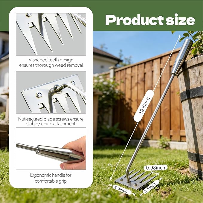 Weed Puller Tool, 2026 Portable Manual Weeding Tools Gardening, 5 Teeth Head Stainless Steel Hand Garden Weeding Rake, Weed Remover Tool for Gardening Backyard Yard Farm Planting Weeding
