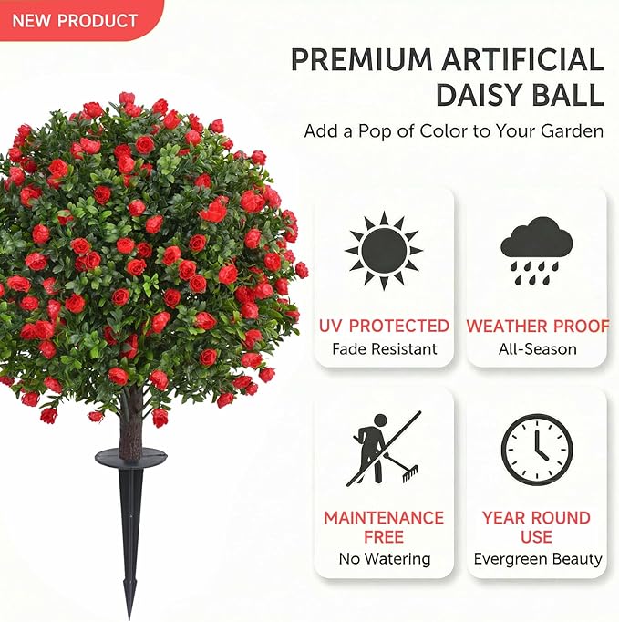 Dense Red Rose Artificial Topiary Ball Trees 24 Inch, Set of 2 Fake Plants with Ground Spike, UV Resistant No Fade Outdoor Faux Shrubs for Spring Garden, Patio, Porch, Yard, Indoor Decor