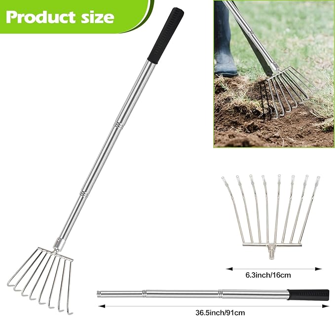 Landscape Rakes for Lawns Leaf Leaves, Small Hand Cultivator, Clam Tool for Cleaning Debris, Weeds, Grass, Pine Needle Remove in Yard, Flower Beds, Herb Rock Garden Care - Stainless Steel