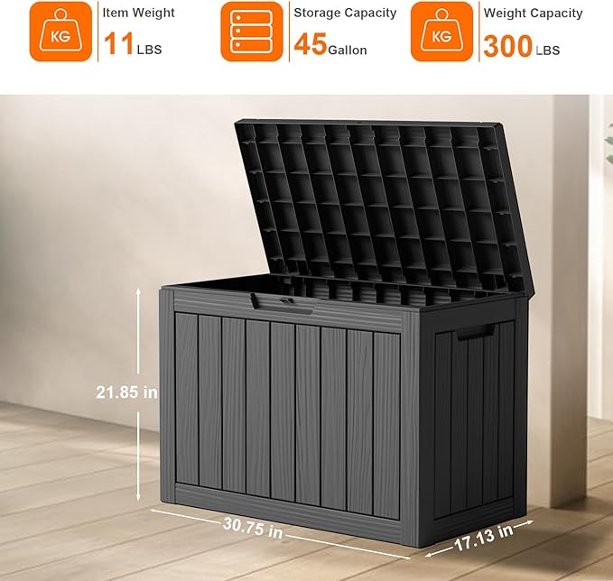 PatioZen 45 Gallon Resin Deck Box, Lockable Patio Outdoor Storage Box for Furniture, Garden Tools and Tools Storage, Waterproof Outside Storage Boxes - Black