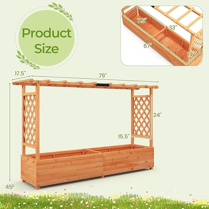 BECOMFORT Raised Garden Bed with Trellis & Hanging Roof, 45" Tall Fir Wood Planter Box with Drainage Holes, Outdoor Elevated Garden Planter for Climbing Vines (Orange, 79" Lx17.5 Wx45 H)