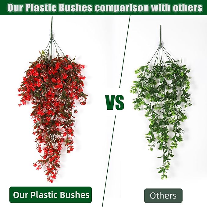 RECUTMS 2 Pack Artificial Greenery Plastic Flower Fake Hanging Plant Vines Plants UV Resistant for Outdoor Home Garden Wall Office Wedding Party Hanging Basket Decoration (Red)