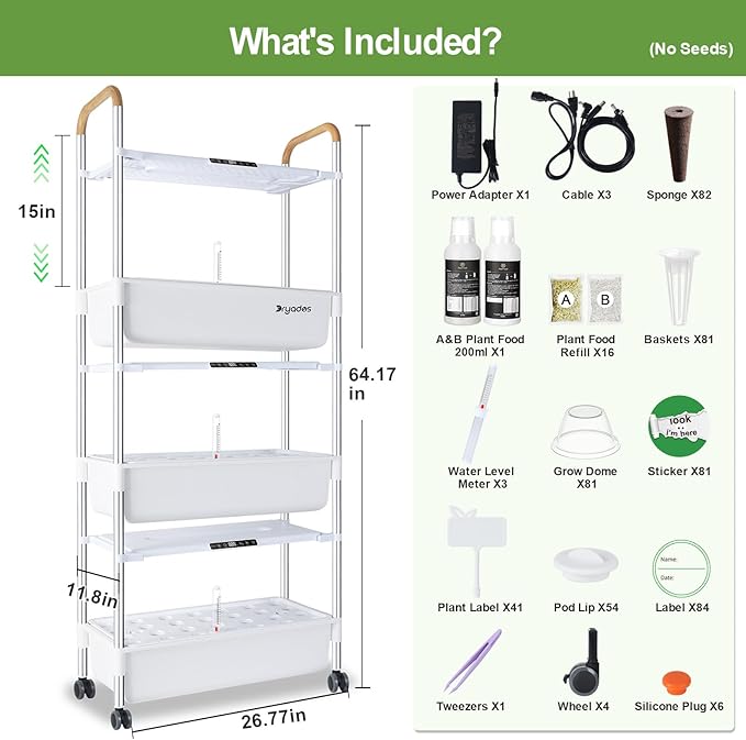 Indoor Hydroponic Growing System with 81 Pods Herbs Garden Kit with 30W Led Grow Light Large Movable 3-Layer Floor-Standing Hydroponic Gardening System for Vegetable Fruit