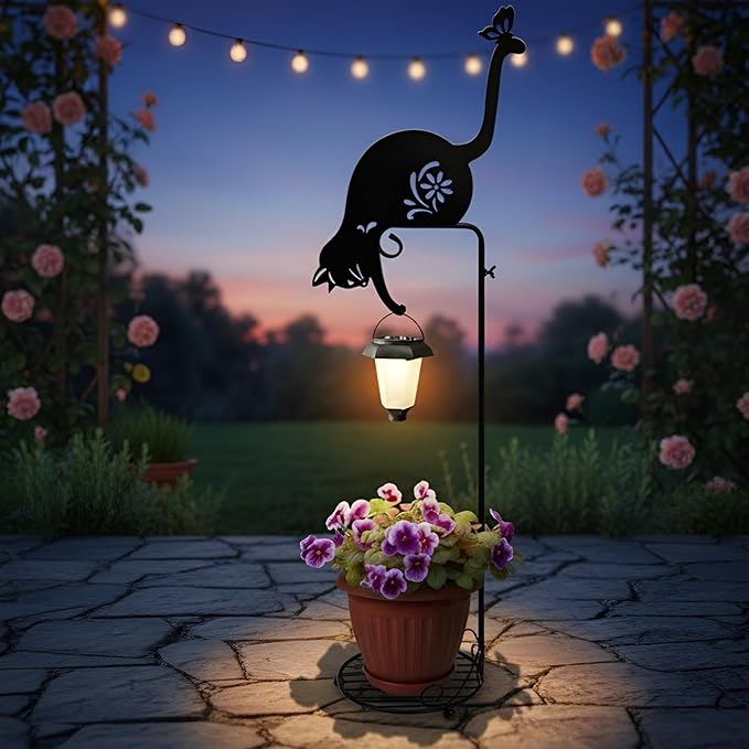 Solar Floor Lamp with Plant Stand Outdoor,Metal Black Cat Garden Decorations,Solar Lanterns Outdoor Front Porch Decor for Deck,Patio,Yard
