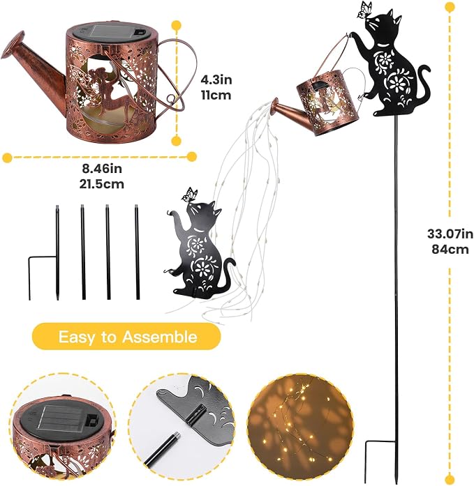 LOVERUIS Cat Solar Watering Can Lights,Outdoor Hanging Solar Lights Lantern,Gifts for Mom Women Birthday Mother's Day,Garden Waterproof Garden Decor Outside Patio Yard Pathway Backyard